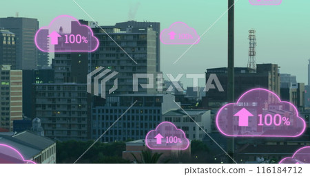 Image of digital clouds with uploading floating over cityscape Image of digital clouds with uploading floating over cityscape 116184712