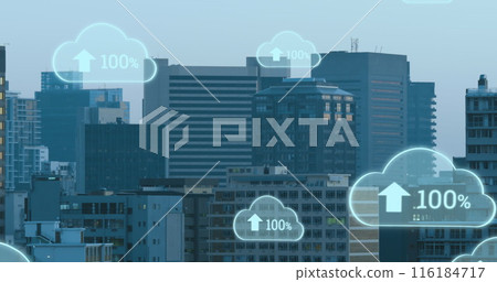 Image of digital clouds with uploading floating over cityscape Image of digital clouds with uploading floating over cityscape 116184717