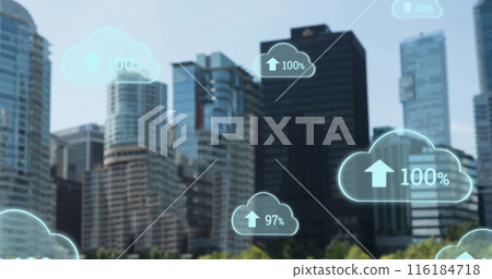 Image of growing numbers with up arrows in clouds over modern buildings in background 116184718