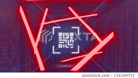 Image of red glowing light trails over barcode scanner against mosaic square over server room 116184752