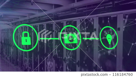 Image of media icons over server room Image of media icons over server room 116184760