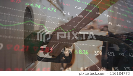 Image of financial data processing over caucasian woman fueling car at gas station 116184773
