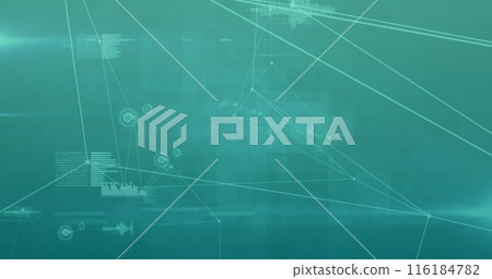 Image of network of connections and data processing against green gradient background 116184782