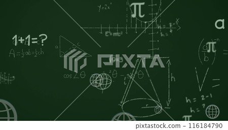Image of multiple web globe icons and mathematical equations floating against green background Image of multiple web globe icons and mathematical equations floating against green background 116184790