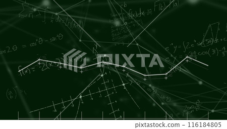 Image of mathematical equations and network of connections floating against green background 116184805