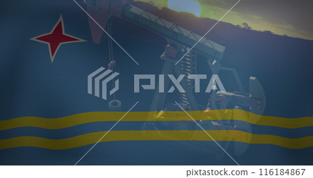 Image of flag of aruba over oil pump and sun 116184867