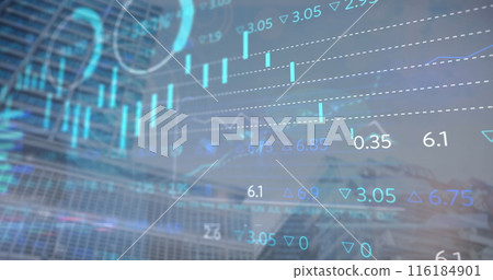 Image of financial data processing over cityscape 116184901
