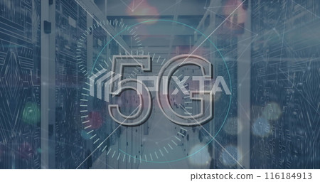 Image of 5g text and scope scanning over city and server room 116184913