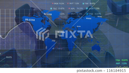 Image of map, graphs, trading boards, high angle of diverse coworkers sharing ideas in office Image of map, graphs, trading boards, high angle of diverse coworkers sharing ideas in office 116184915