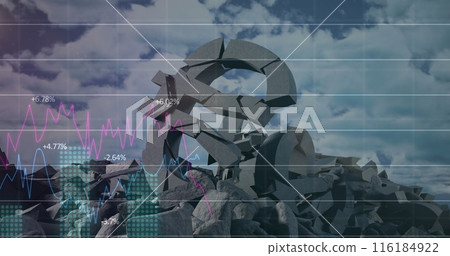 Image of data processing over broken euro symbols and clouds 116184922