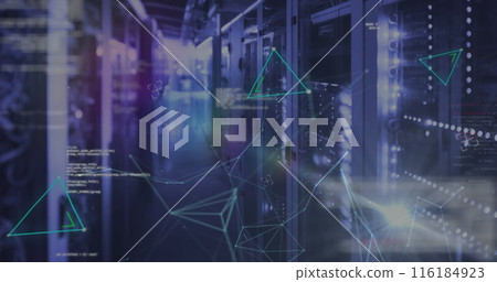 Image of data processing over shapes and server room 116184923