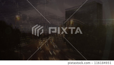 Image of falling icon in circles over graphs against time-lapse of moving vehicles, buildings 116184931