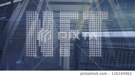 Image of nft text banner and data processing against computer server Image of nft text banner and data processing against computer server 116184962