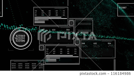 Image of interfaces with data processing against black background 116184986
