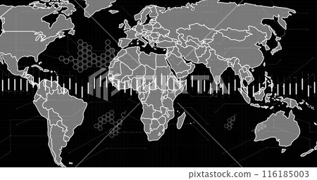 Image of data processing over world map against black background 116185003