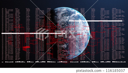 Image of data processing and digital city over globe on black background 116185037