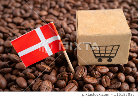 Denmark flag with shopping cart on coffee bean, import export trade online commerce. Denmark flag with shopping cart on coffee bean, import export trade online commerce. 116185053