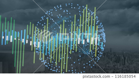 Image of data processing over spinning globe against aerial view of cityscape 116185054