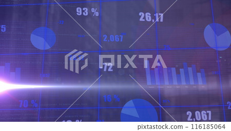 Image of statistical data processing and light spot against aerial view of tall building 116185064