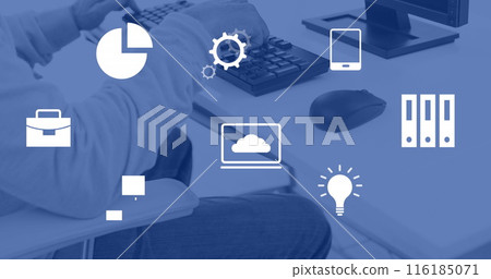 Image of financial data processing over man using computer in office 116185071