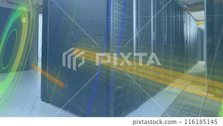 Image of data processing and scope scanning over server room 116185145
