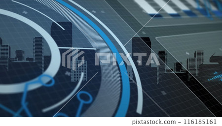 Image of interface with data processing against aerial view of cityscape Image of interface with data processing against aerial view of cityscape 116185161