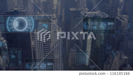 Image of round scanners and data processing against aerial view of cityscape 116185166