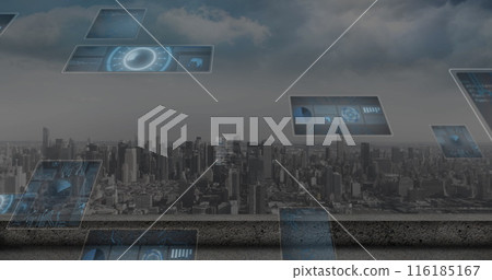 Image of round scanners and data processing against aerial view of cityscape 116185167