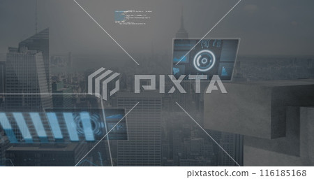 Image of round scanners and data processing against aerial view of cityscape 116185168