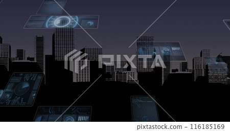 Image of round scanners and data processing against aerial view of cityscape 116185169