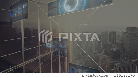 Image of round scanners and data processing against aerial view of cityscape 116185170