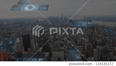 Image of round scanners and data processing against aerial view of cityscape Image of round scanners and data processing against aerial view of cityscape 116185172