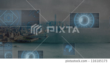 Image of multiple round scanners and data processing against aerial view of cityscape Image of multiple round scanners and data processing against aerial view of cityscape 116185173