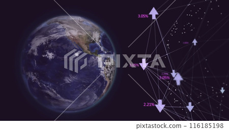 Image of globe of digital icons and spinning globe against black background 116185198