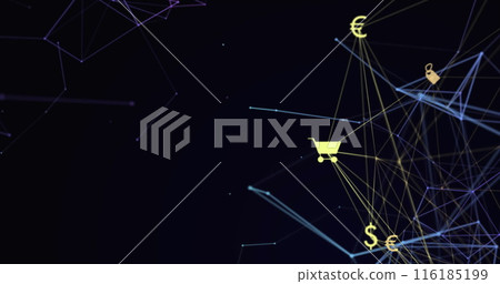 Image of globe of digital icons spinning and network of connections against black background Image of globe of digital icons spinning and network of connections against black background 116185199