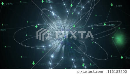 Image of network of connections and glowing light trails over spinning globe on black background Image of network of connections and glowing light trails over spinning globe on black background 116185200