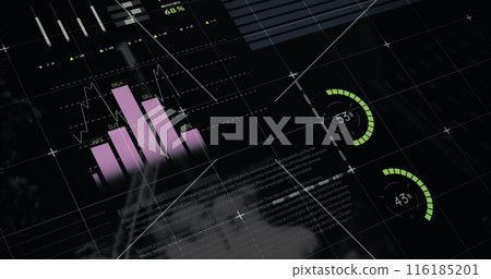 Image of statistical data processing over grid network against aerial view of cityscape Image of statistical data processing over grid network against aerial view of cityscape 116185201