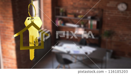 Image of hanging golden house keys against interior of a study room Image of hanging golden house keys against interior of a study room 116185203