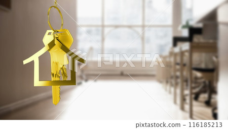 Image of hanging golden house keys against interior of a classroom 116185213