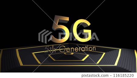Image of 5g 5th generation text over gold pattern on black background 116185220