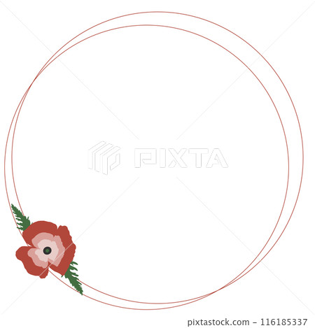 Round red frame with a simple silhouette of a red poppy. Hand-drawn, isolated on a white background 116185337