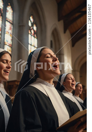 Group of nuns singing in church choir with joyful expression 116185467