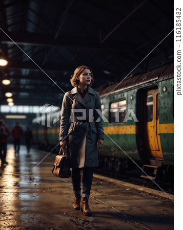 Stylish young woman walking in a train station after rain with a vintage green train 116185482