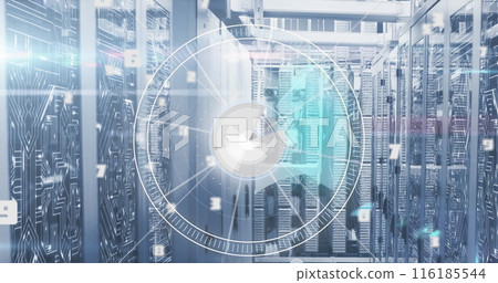 Neon ticking digital clock and hands at computer server room 116185544