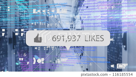 Image of thumbs up icon with increasing likes and data processing against computer server room 116185554