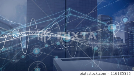 Image of graphs over connected icons and modern buildings against cloudy sky Image of graphs over connected icons and modern buildings against cloudy sky 116185555