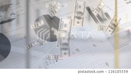 Dollar bills falling down with graphs and statistics running in the background Dollar bills falling down with graphs and statistics running in the background 116185559