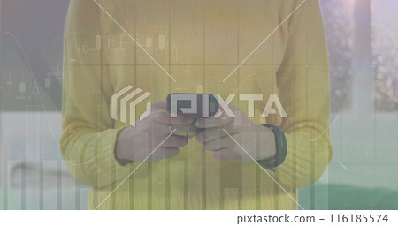 Image of statistical data processing over mid section of a woman using smartphone on the street Image of statistical data processing over mid section of a woman using smartphone on the street 116185574