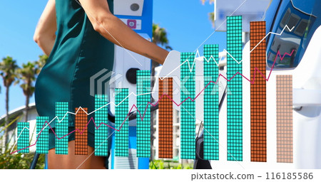 Image of statistical data processing on mid section of woman charging her electric car Image of statistical data processing on mid section of woman charging her electric car 116185586