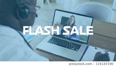 Image of flash sale text over african american senior male doctor having a imagecall on laptop 116185590